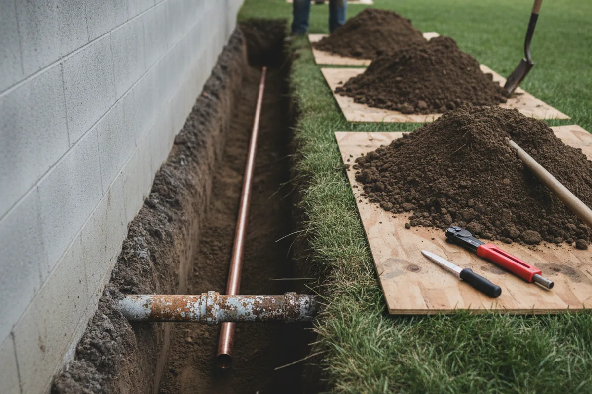 Excavated water line trench during Water Softener Installation in Laura